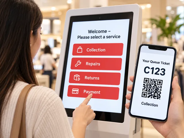 Shopper choosing Collection, Repairs, Returns or Payment on a retail queue kiosk while holding queue ticket C123 on her phone