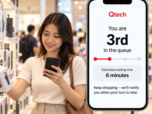 Shopper browsing in a store while her phone shows she is 3rd in the queue with a 6 minute wait
