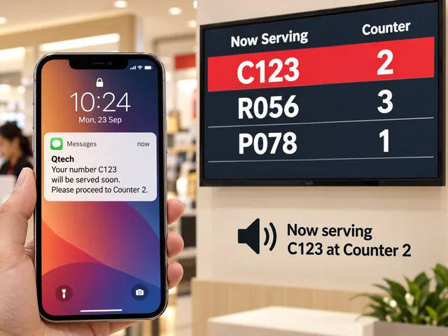SMS telling the shopper ticket C123 is next at Counter 2, beside a Now Serving screen in the store