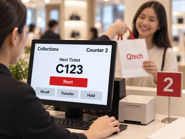 Collections counter screen calling ticket C123 while staff hand a shopper her order