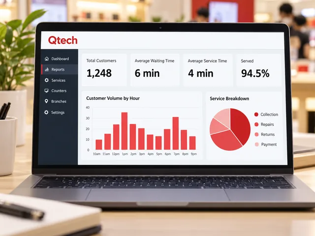 Retail queue dashboard showing customers, waiting time, hourly volume and a breakdown by collection, repairs, returns and payment