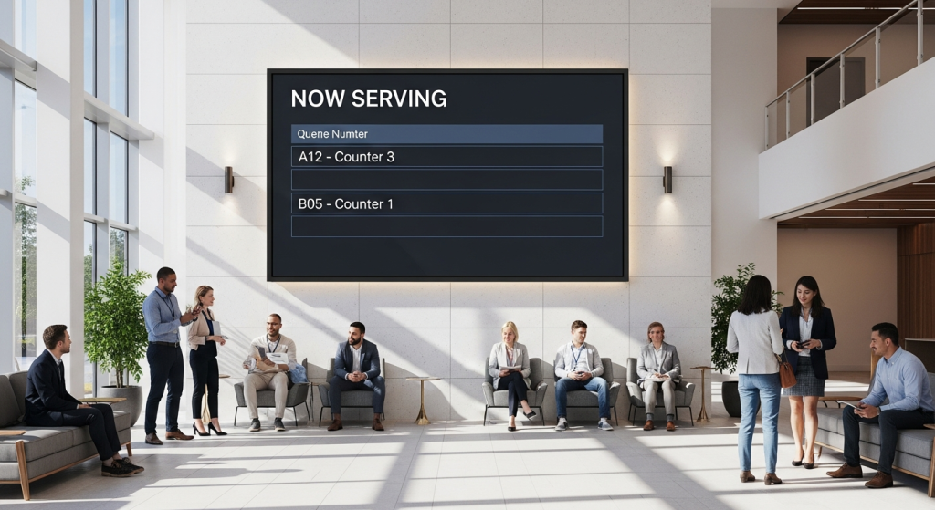 Digital signage screen showing now-serving queue numbers in a lobby