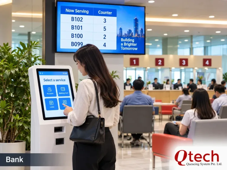 Bank queue management system with touchscreen ticket kiosk and counter calling display