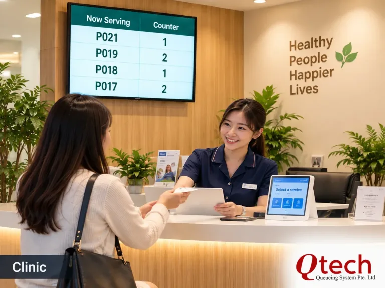 Clinic queue management system with patient check-in at reception and queue number display