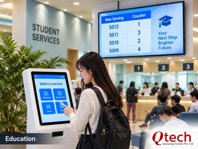 Education queue management system with student using self-service kiosk at student services counter