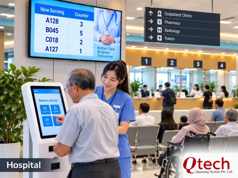 Hospital queue management system with self-service kiosk, nurse assisting patient and queue display