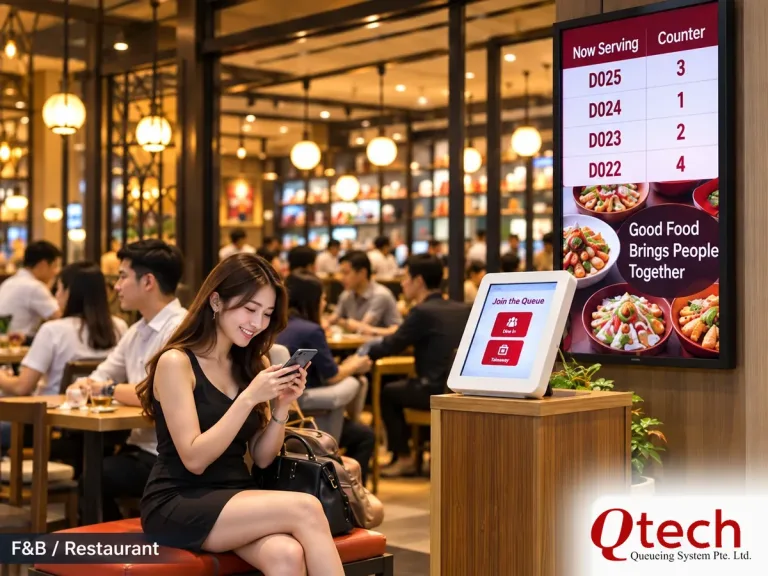 Restaurant queue management system with join-the-queue tablet kiosk and waiting diners