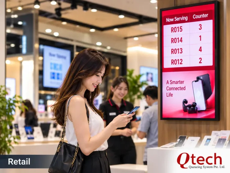 Retail queue management system with digital signage and mobile queue notification